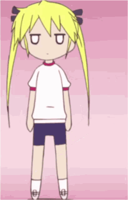 a cartoon of a girl with blonde hair and a white shirt with a red collar