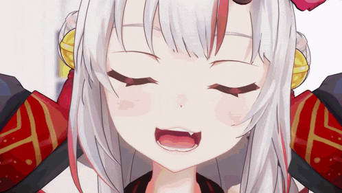 a close up of a girl with white hair and red ears