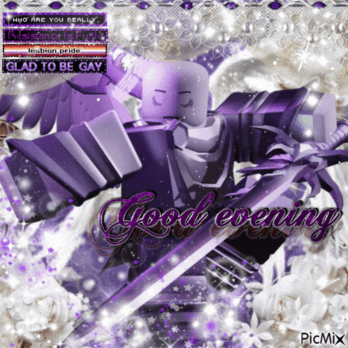 a picture of a robot holding a sword with the words good evening written below it
