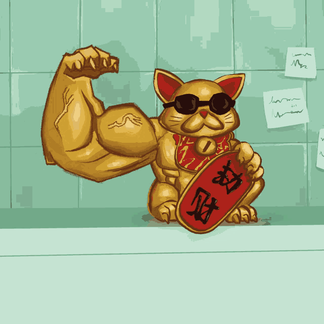 a cartoon drawing of a cat holding a sign that says ' wealth '