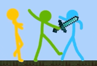 three stick figures are standing next to each other and one of them is holding a diamond sword .