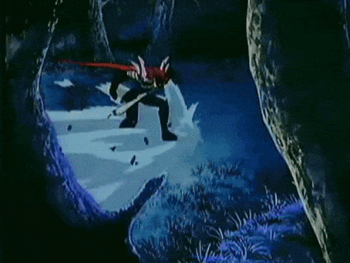 a cartoon of a person in a cave with a red cape on