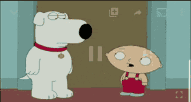 a cartoon dog and a boy are standing next to each other in front of a door