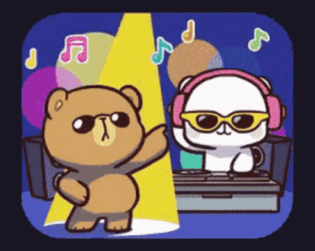 a cartoon of a teddy bear dancing next to a panda wearing headphones and sunglasses