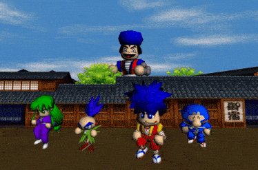 a group of cartoon characters are standing in front of a building with chinese writing