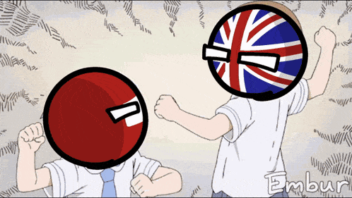 a cartoon of a man with a red ball on his head and a british flag on the other