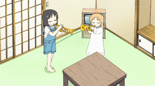 a cartoon of a girl playing a trumpet next to a boy playing a trumpet