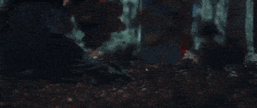 a woman with red hair is kneeling on the ground in the woods .