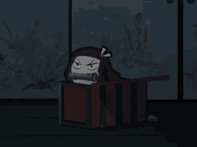a cartoon character is sitting in a wooden box with smoke coming out of her mouth