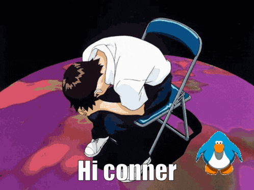 a cartoon of a man sitting in a chair with the words hi conner written below him