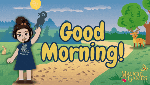 a cartoon of a girl with a bird and the words good morning on the bottom