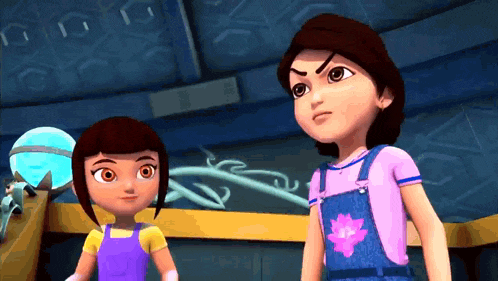 two cartoon girls are standing next to each other in a room .