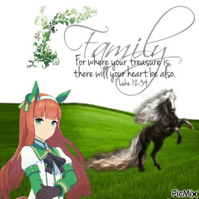 a picture of a girl and a horse with a quote from the bible