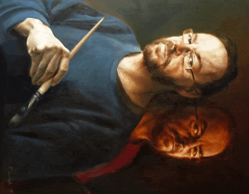 a painting of a man with glasses holding a brush and a reflection