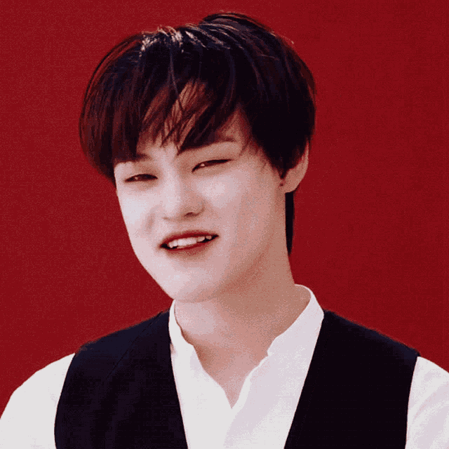 a young man wearing a white shirt and a black vest is smiling