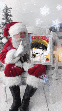a man dressed as santa claus is holding a framed picture of a boy with a crown on his head