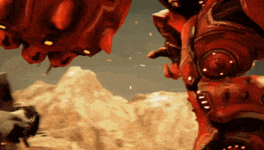 a painting of a red robot with a mountain in the back