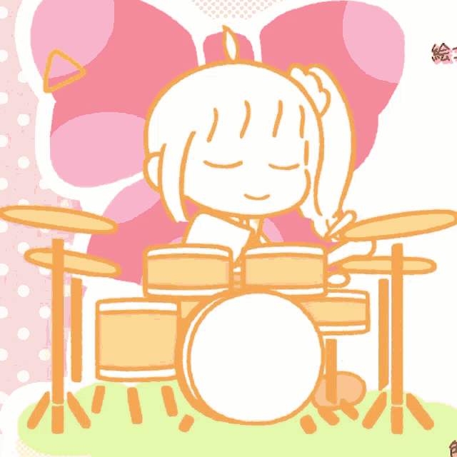 a drawing of a girl playing drums with a butterfly in the background