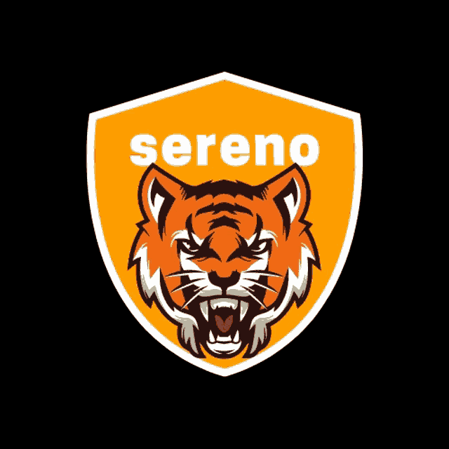 a sereno logo with a tiger head on a black background