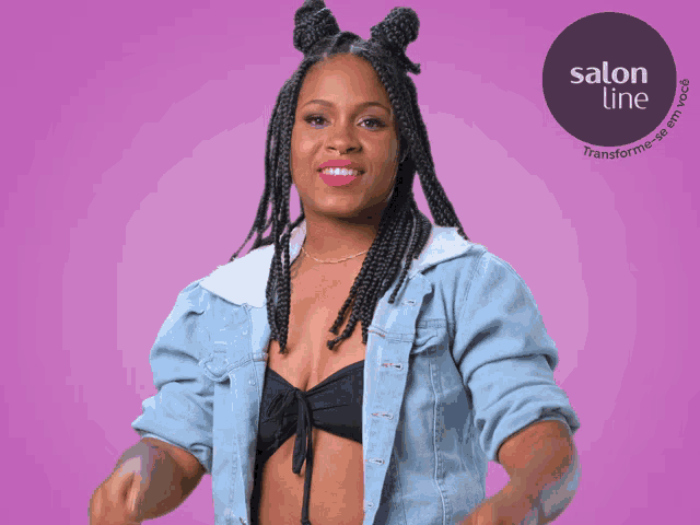 a woman giving a thumbs up in front of a purple background that says salon line