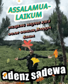 a man stands in a field with his arms outstretched in front of a sign that says assalamua-laikam