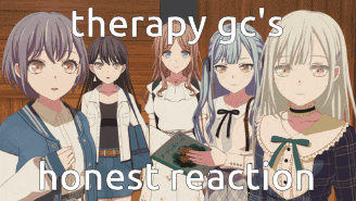a group of anime girls standing next to each other with the words therapy gc 's honest reaction