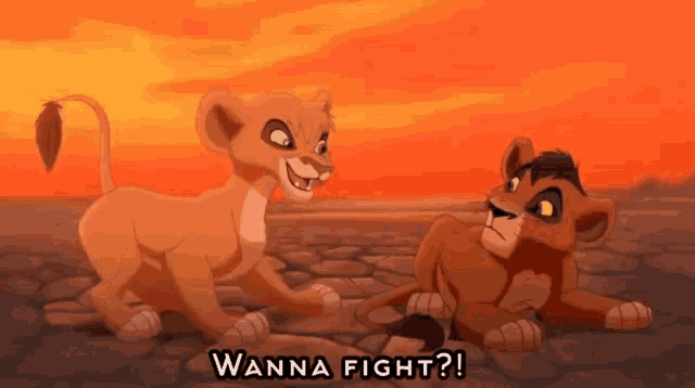 a cartoon of two lion cubs with wanna fight written below them
