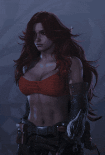 a woman with red hair wearing a red bra