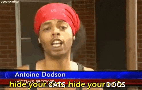a man wearing a red bandana is talking about hiding your cats and dogs