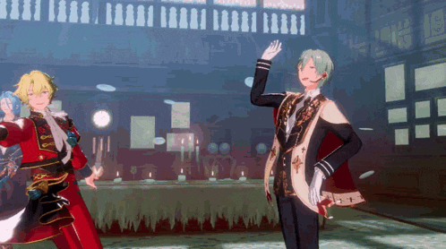 two anime characters are dancing together in a room