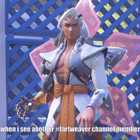 a video game character is standing in front of a blue lattice fence