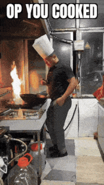 a man in a chef 's hat is cooking in a kitchen with the caption " op you cooked " above him