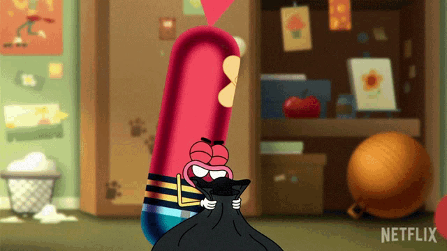 a cartoon character is holding a black bag with netflix written on the bottom