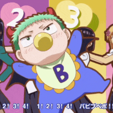 a cartoon baby with the letter b on his bib
