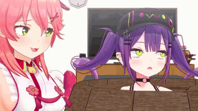 two anime girls are standing next to each other and one is wearing a hat that says " i love you "