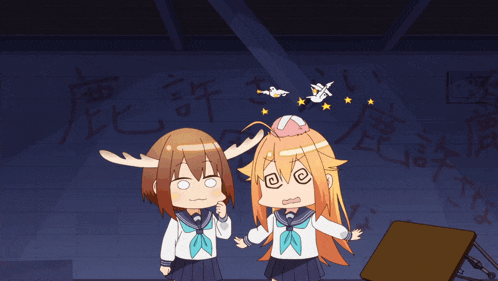 two anime girls are standing in front of a wall with chinese writing