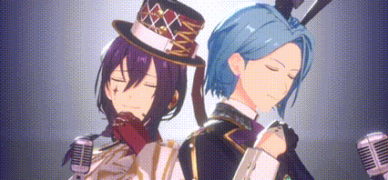 a couple of anime characters standing next to each other with microphones .