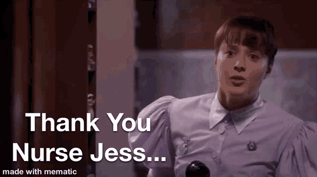 a woman in a purple shirt says thank you nurse jess ...