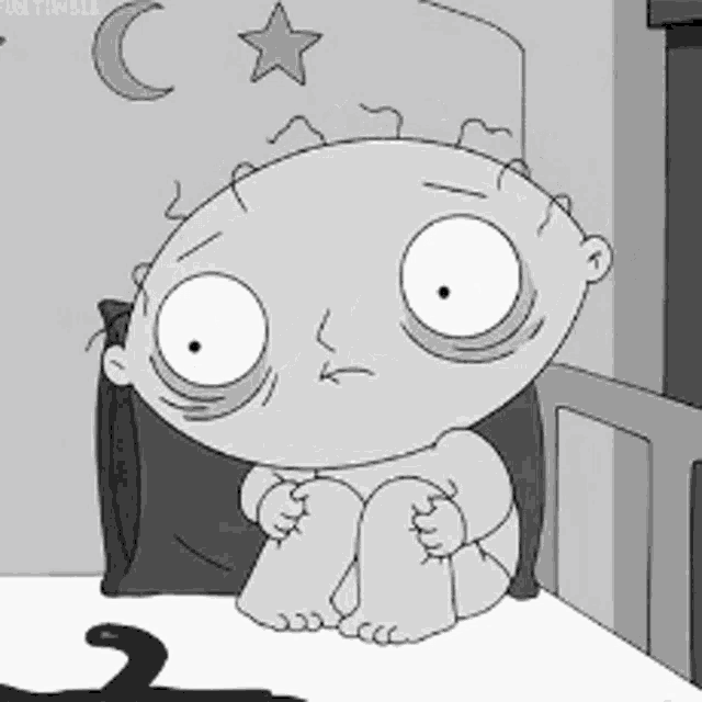 a cartoon of a baby sitting on a bed