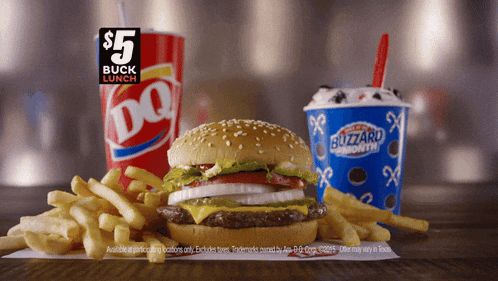 a $ 5 buck lunch includes a hamburger fries and a blizzard