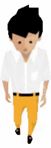 a pixel art of a man in a white shirt and yellow pants .