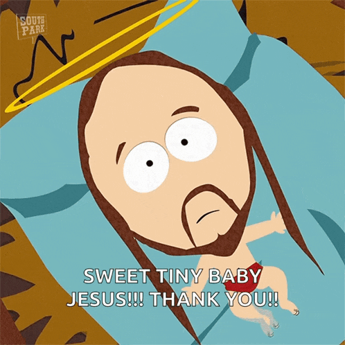 a south park cartoon of jesus laying in a bed