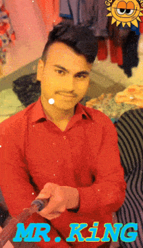 a man in a red shirt with the name mr. king on the bottom right