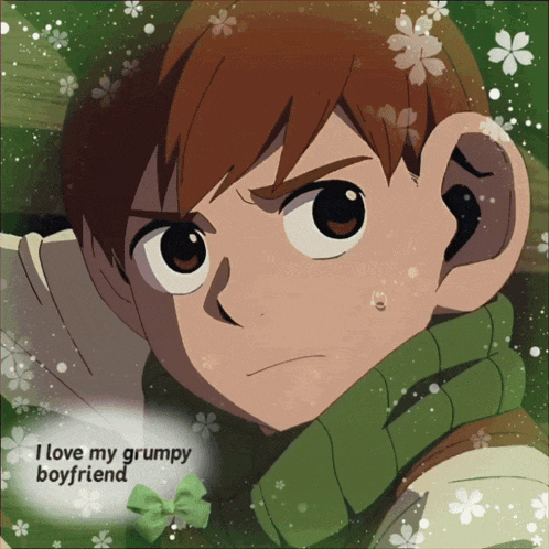 a picture of a boy with the words " i love my grumpy boyfriend "