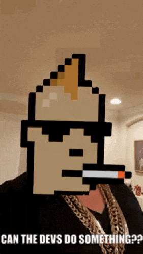 a pixel art of a man smoking a cigarette with the words can the devs do something