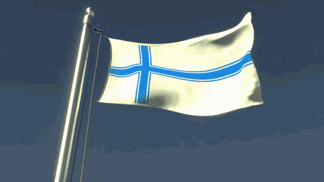 a white flag with a blue cross on it is flying in the wind
