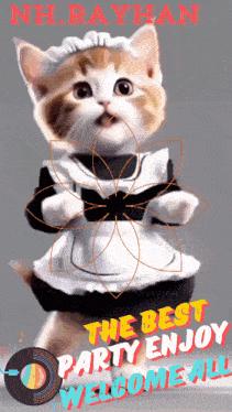 a picture of a cat dressed as a maid with the words the best party enjoy welcome all