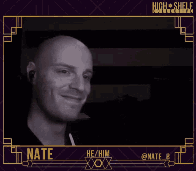 a black and white photo of a man with the name nate