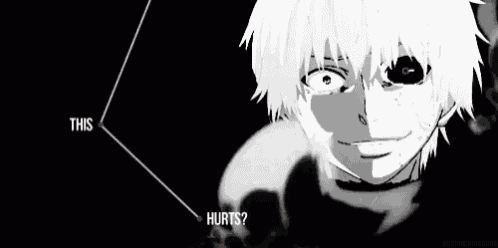 a black and white drawing of a person with a red eye and the words `` this hurts '' on the bottom .