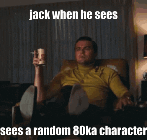 a man is sitting in a chair and pointing at something with the caption jack when he sees sees random 80ka character